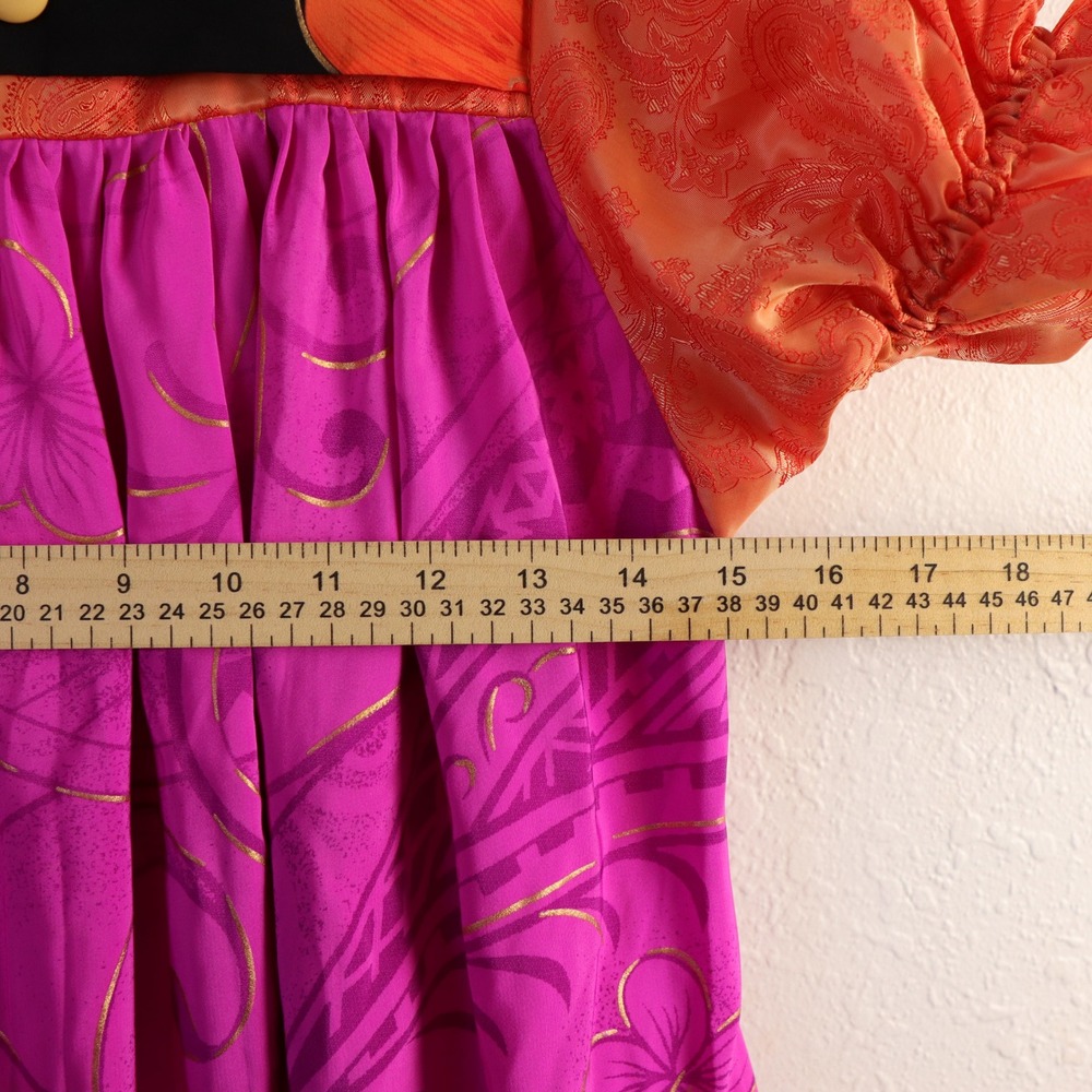 Vintage Handsewn Micronesian Dress Floral Orange Pink Square Neck Puff Sleeve - Picture 9 of 15